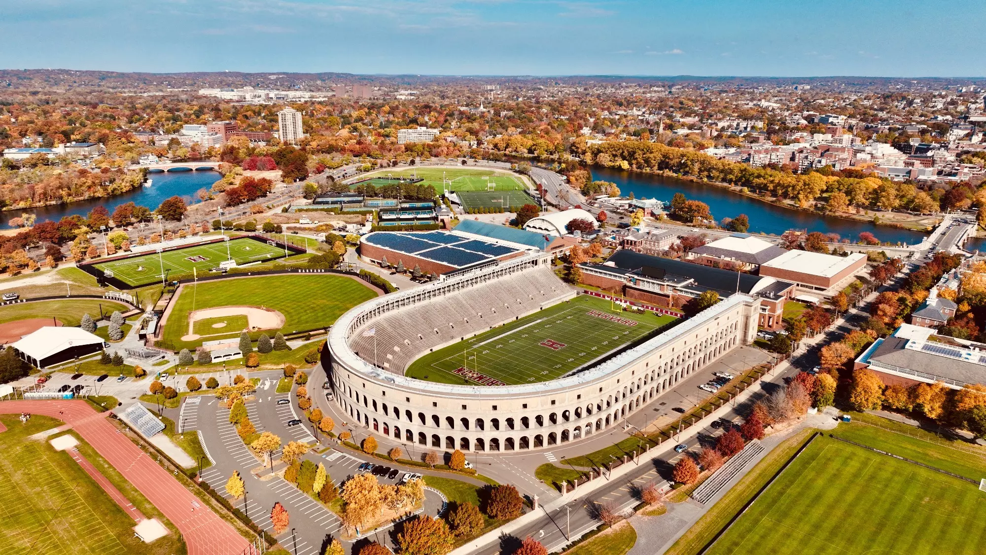 Aerial view of Harvard Stadium and the Harvard Athletics complex